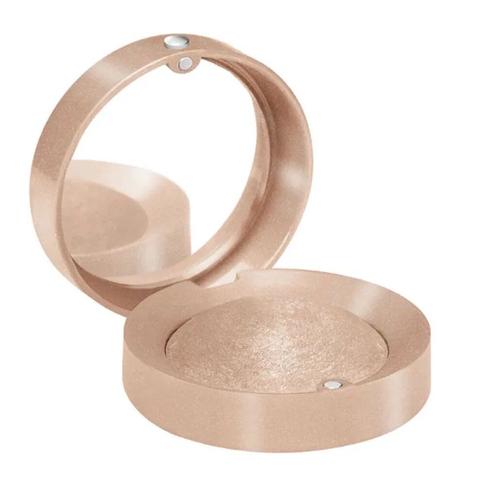 Ronde, roze oogschaduwverpakking met spiegel. Open, oogschaduw zichtbaar. Deksel met magneetsluiting.