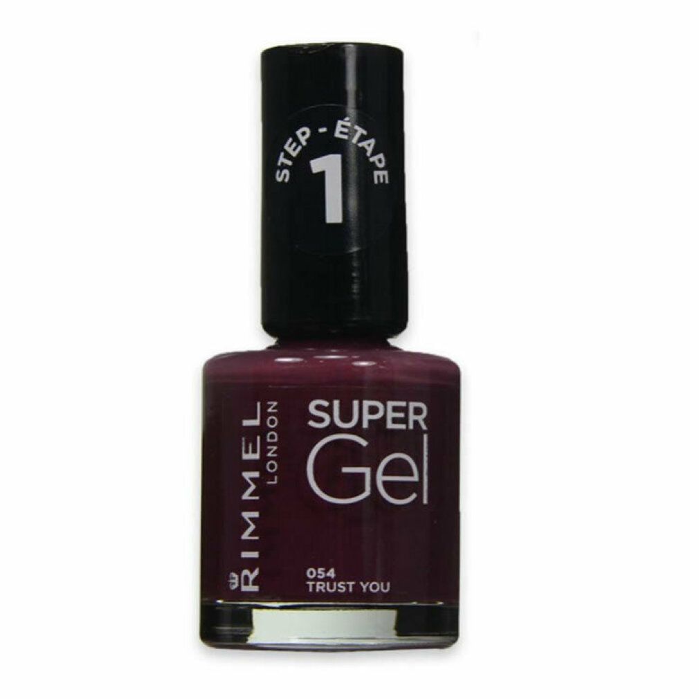 Flacon de vernis à ongles avec bouchon noir. Inscription 'SUPER Gel' et 'RIMMEL LONDON'. Couleur: rouge foncé.