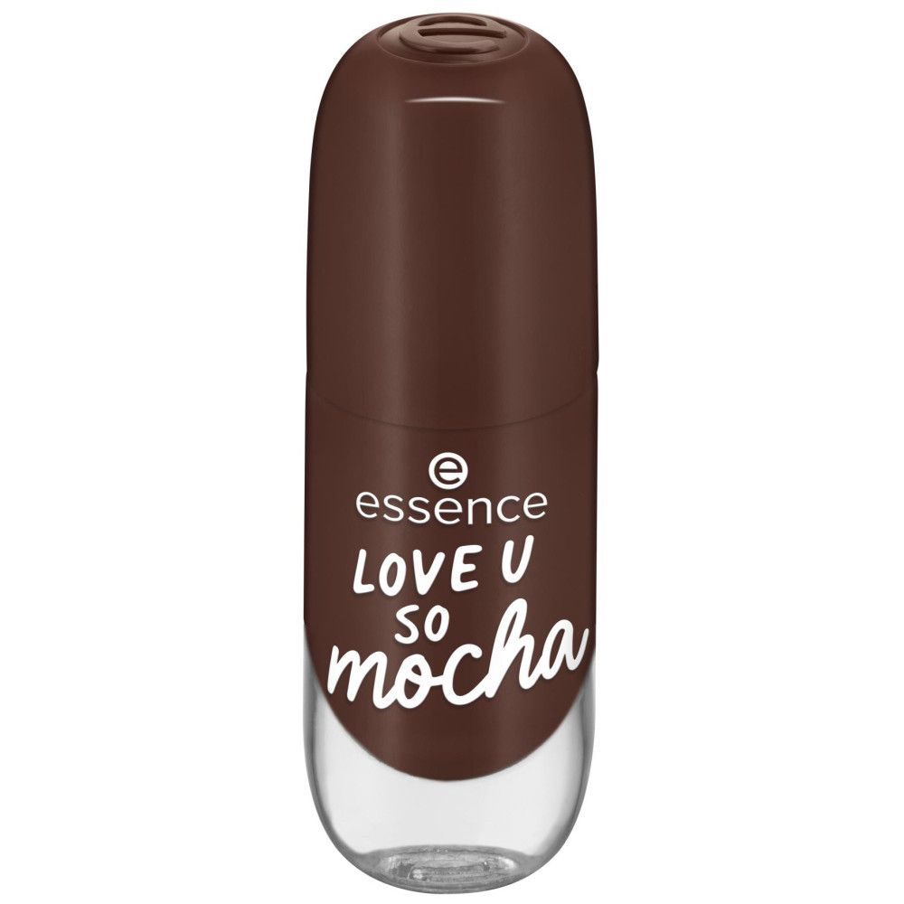 Flacon de vernis à ongles marron fermé. Inscription: Essence, Love U so mocha.