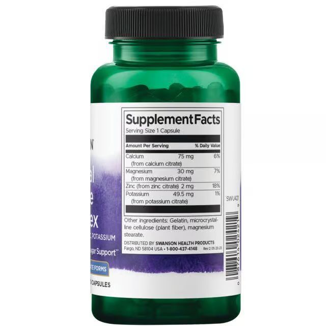 Dos d'un flacon vert avec bouchon noir. Étiquette avec informations nutritionnelles et ingrédients. Marque: SWANSON.