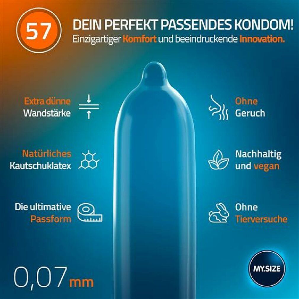 Blauw condoom met opschriften. Toont eigenschappen zoals dunne wand, geurloos, veganistisch, dierproefvrij. Maat 57.