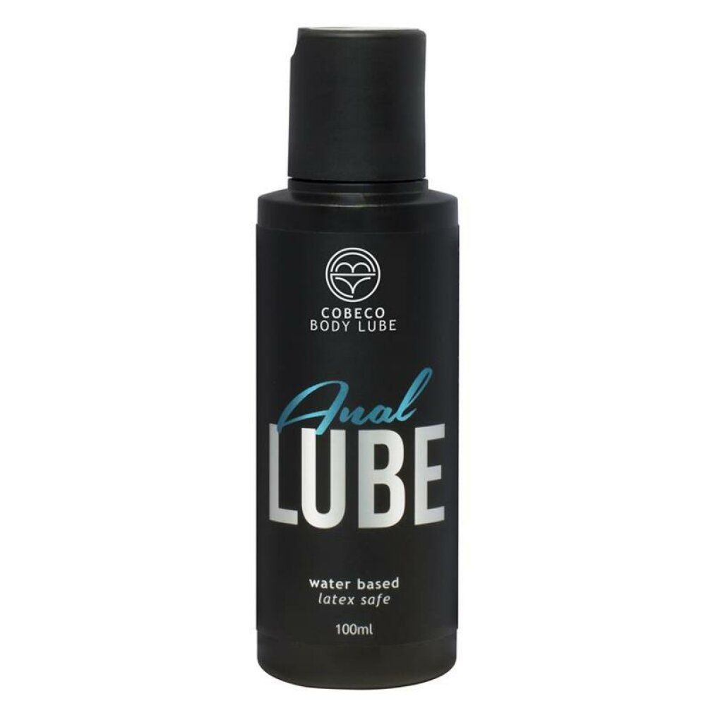Flacon noir avec inscription Anal Lube, à base d'eau, compatible latex, 100ml.