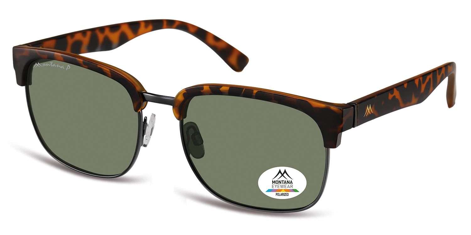 Lunettes de soleil avec monture marron et verres verts. Logo et nom de la marque sur la branche. Autocollant.