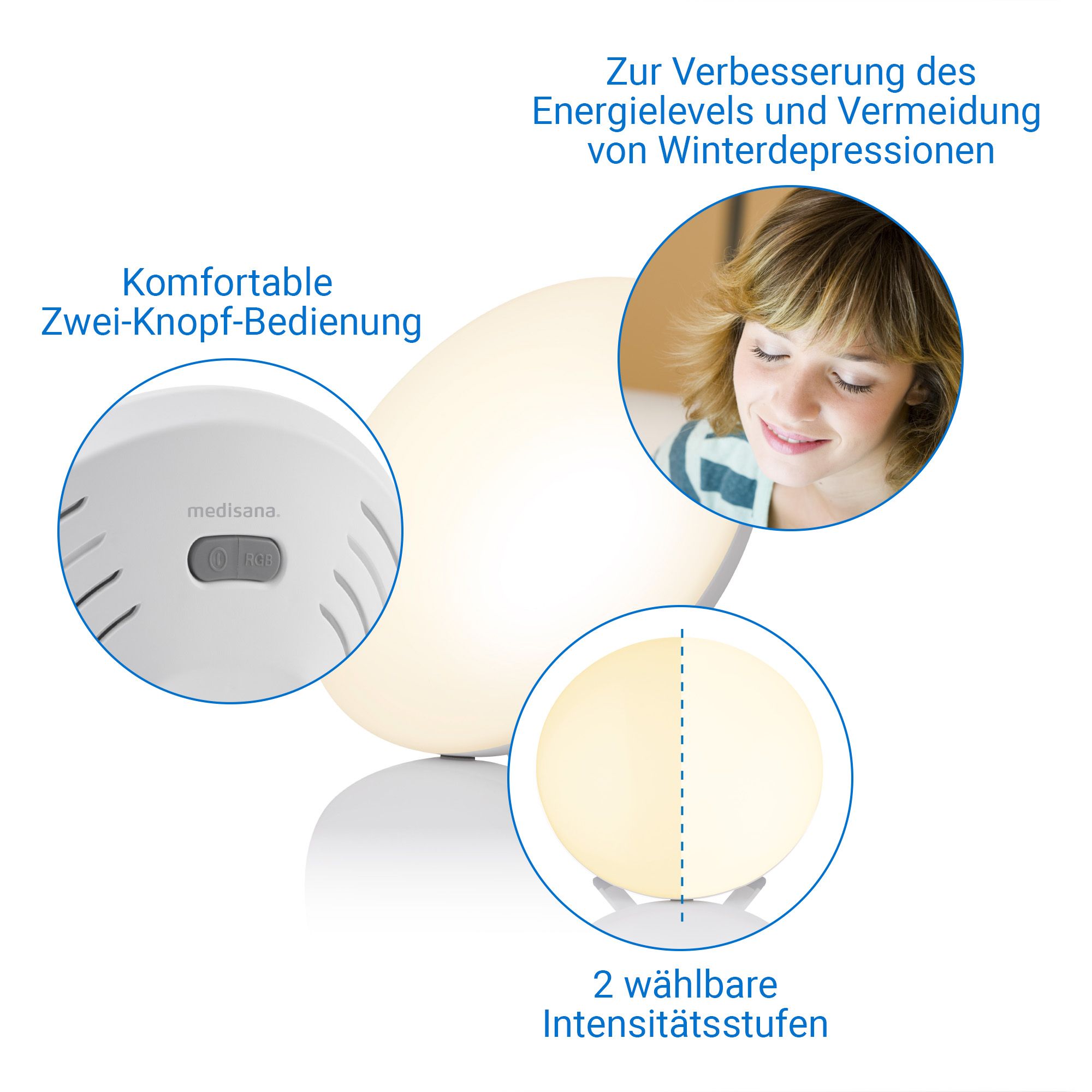 Daglichtlamp met twee knoppen en medisana logo. Vrouw in het licht.