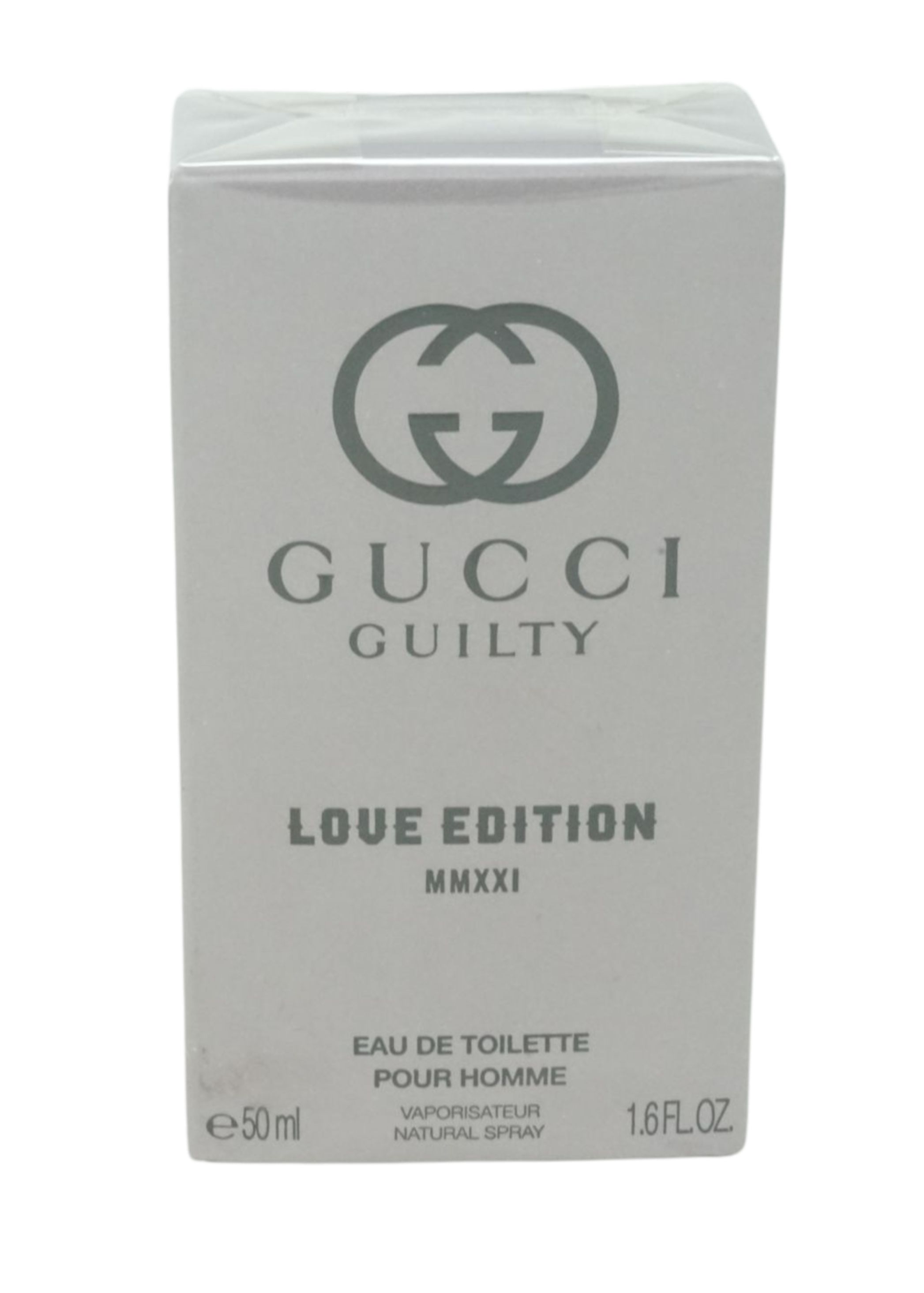 Grijze verpakking Gucci Guilty Love Edition MMXXI voor heren. Grijs logo en tekst. Inhoud: 50ml, 1.6FL.OZ. Vaporisateur naturel.