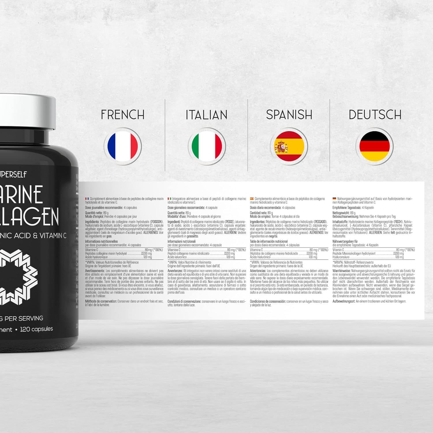 Flacon noir de gélules. Texte: SUPERSELF MARINE COLLAGÈNE. Drapeaux: France, Italie, Espagne, Allemagne. Texte: Ingrédients, valeurs nutritionnelles.