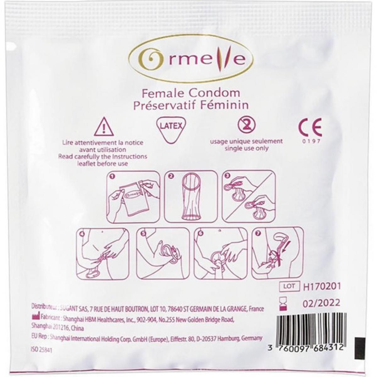 Individuele verpakking Ormelle latex vrouwelijk condoom met instructies.