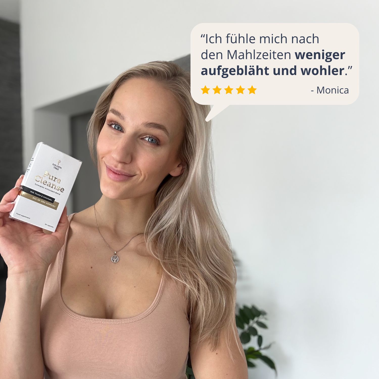 Femme avec emballage Golden Tree Pure Cleanse, citation sur le bien-être après les repas.