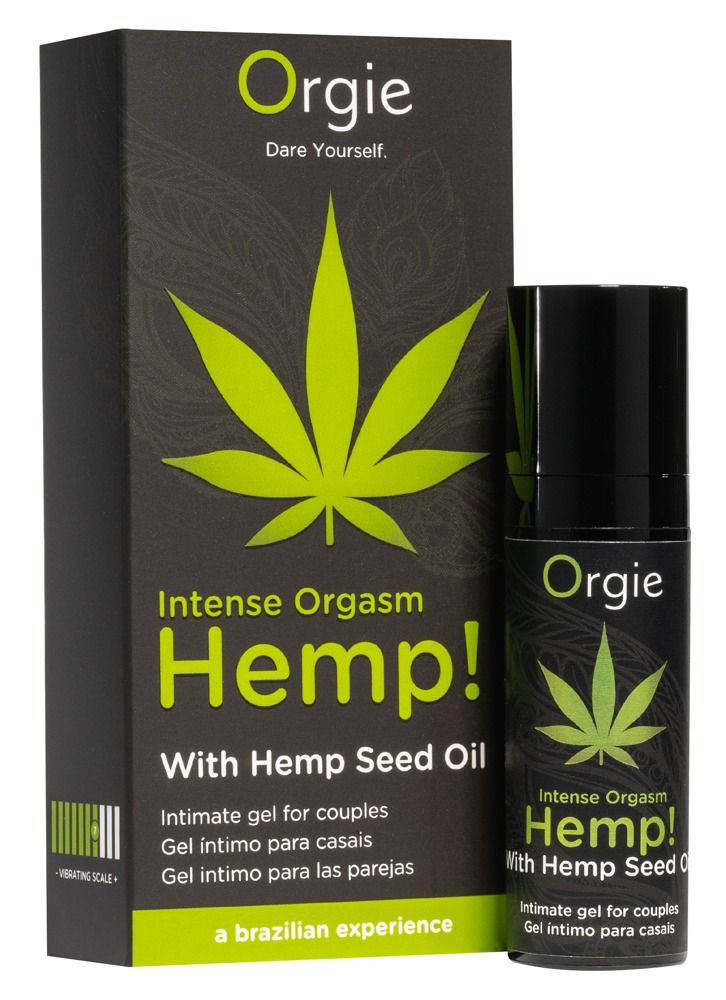 Zwarte fles en verpakking met groen cannabisblad en tekst: Intense Orgasm Hemp! Intieme gel voor koppels. Merk: Orgie.