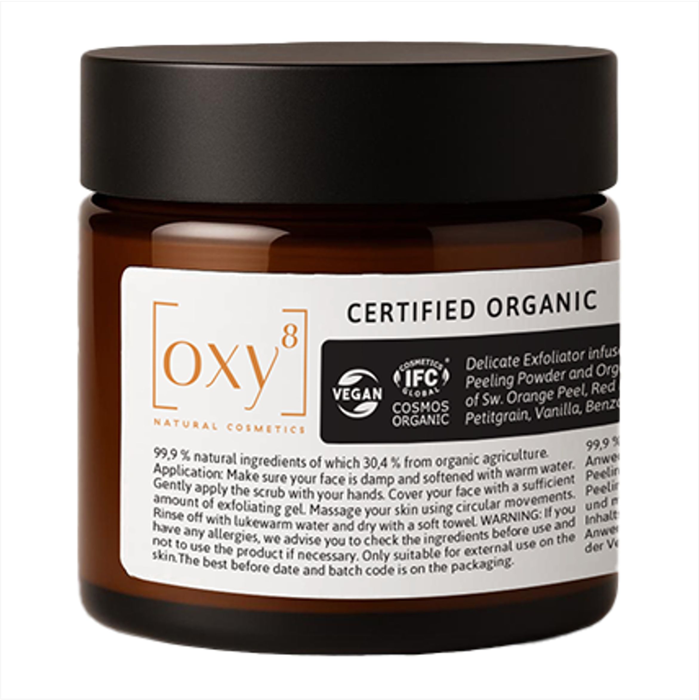 Pot en verre brun avec couvercle noir. Autocollant avec informations sur le produit et logo oxy8 Naturkosmetik.