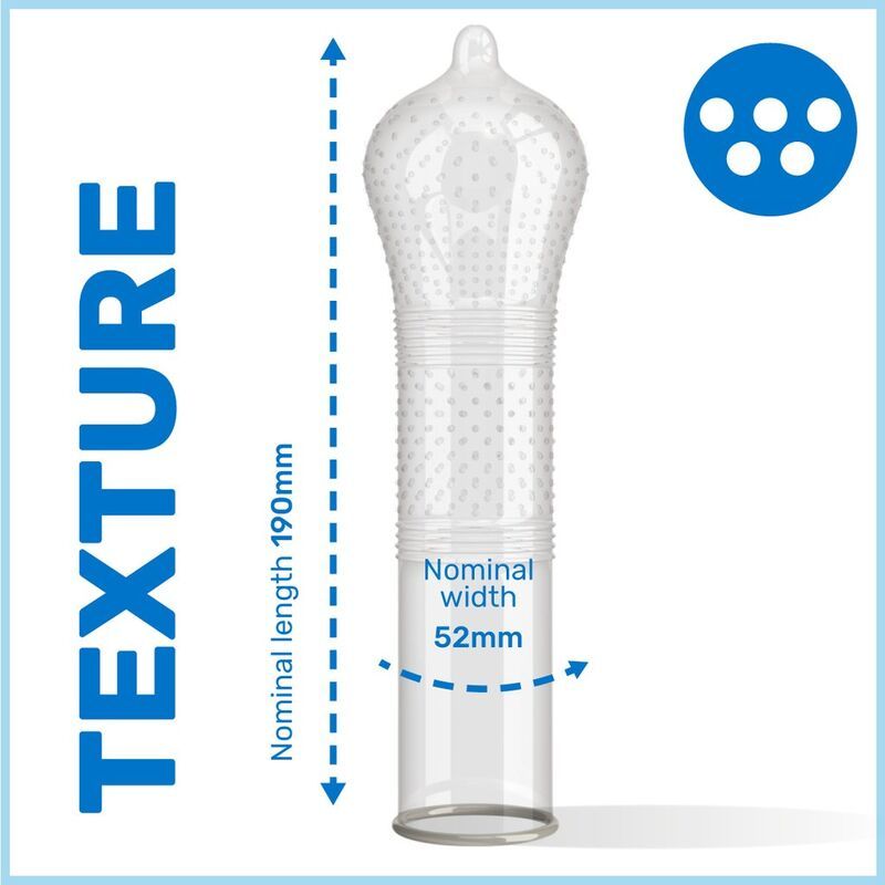 Préservatif transparent avec nervures et picots. Longueur 190mm, largeur 52mm. Graphique bleu.
