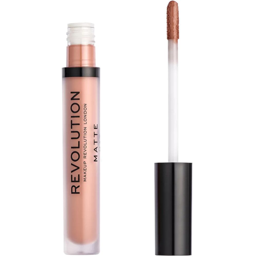 Tube de gloss avec bouchon noir et applicateur. Inscription: Makeup Revolution London Matte. Teinte nude.