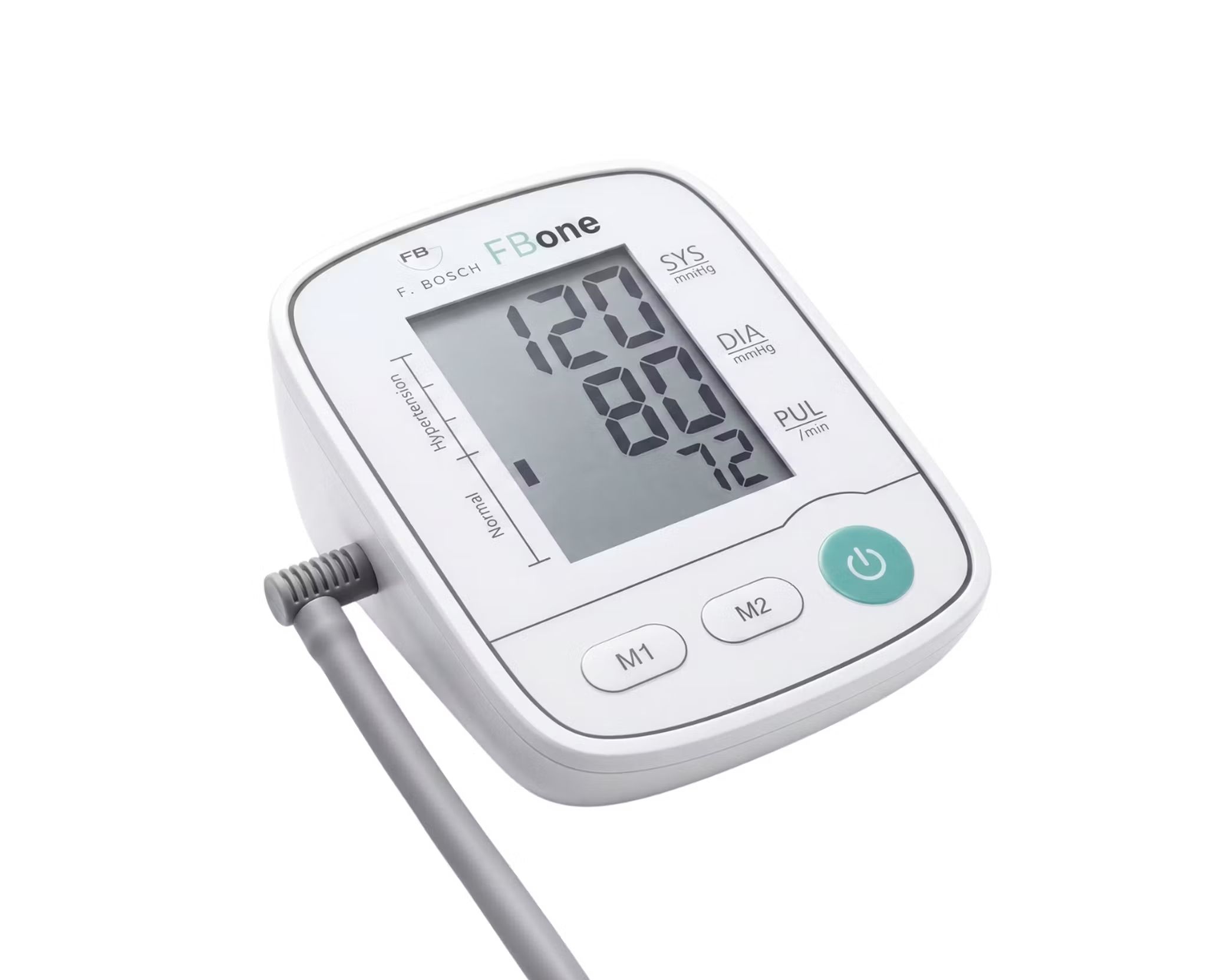 Tensiomètre de bras FBone. Appareil blanc avec écran numérique affichant 120/80 mmHg et 72 bpm.