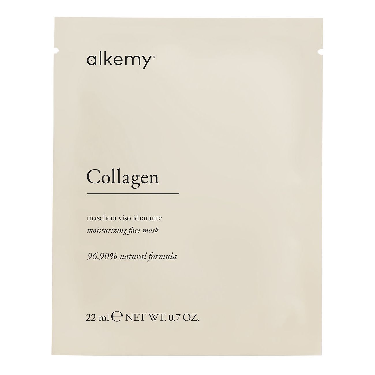 Avant d'un emballage de masque facial Alkemy avec 'Collagen' et '96.90% natural formula'.