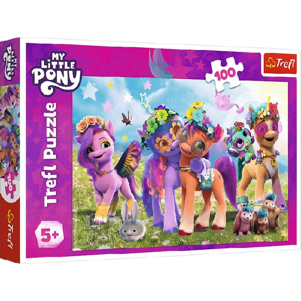 Puzzeldoos met kleurrijke pony's. Opschrift: My Little Pony, Trefl Puzzle, 100 stukjes, 5+.