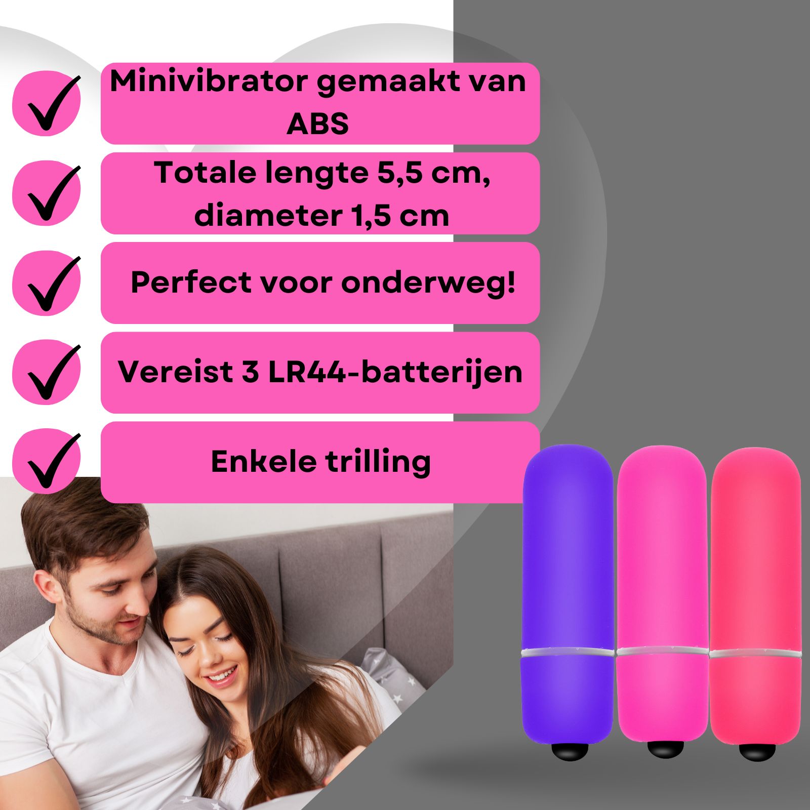 Drie mini-vibrators. Paars, roze en roze. Tekst: Mini vibrator van ABS, 5,5 cm lang, perfect voor onderweg.