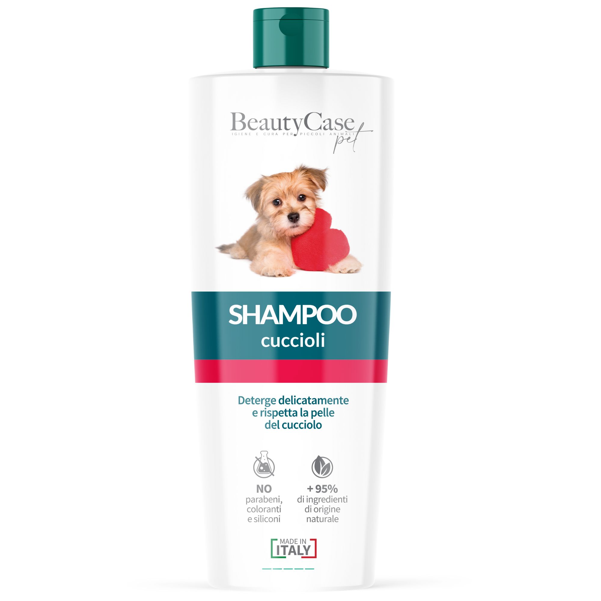 Hondenshampoo fles met puppy illustratie. Tekst: Shampoo Cuccioli. Zonder parabenen, siliconen en kleurstoffen. Gemaakt in Italië.