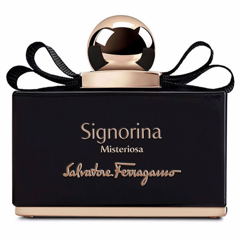 Zwarte fles Signorina Misteriosa. Gouden dop. Merk: Salvatore Ferragamo. Gouden belettering.