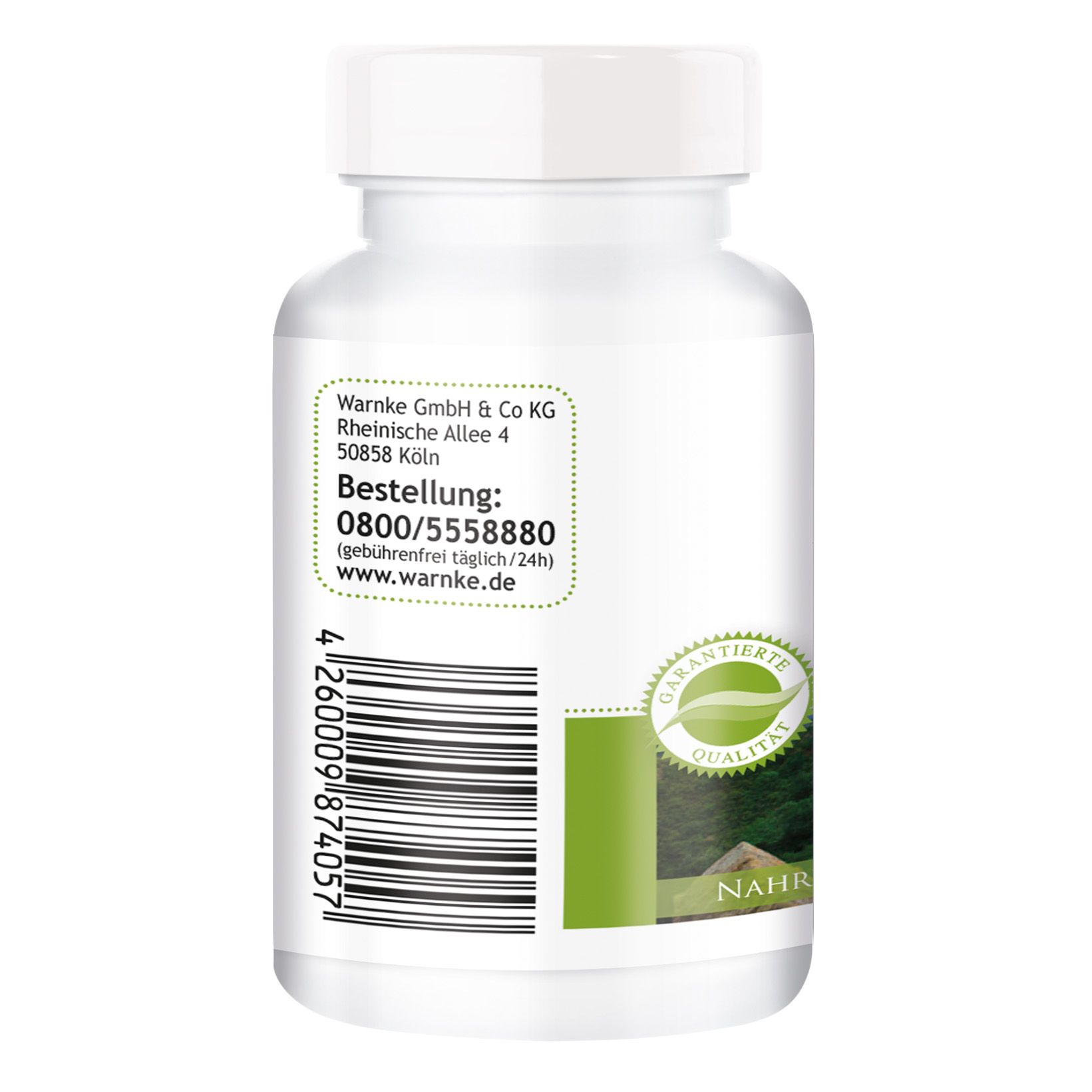 Dos d'un flacon blanc de gélules. Code-barres et adresse. Label de qualité et bande verte.