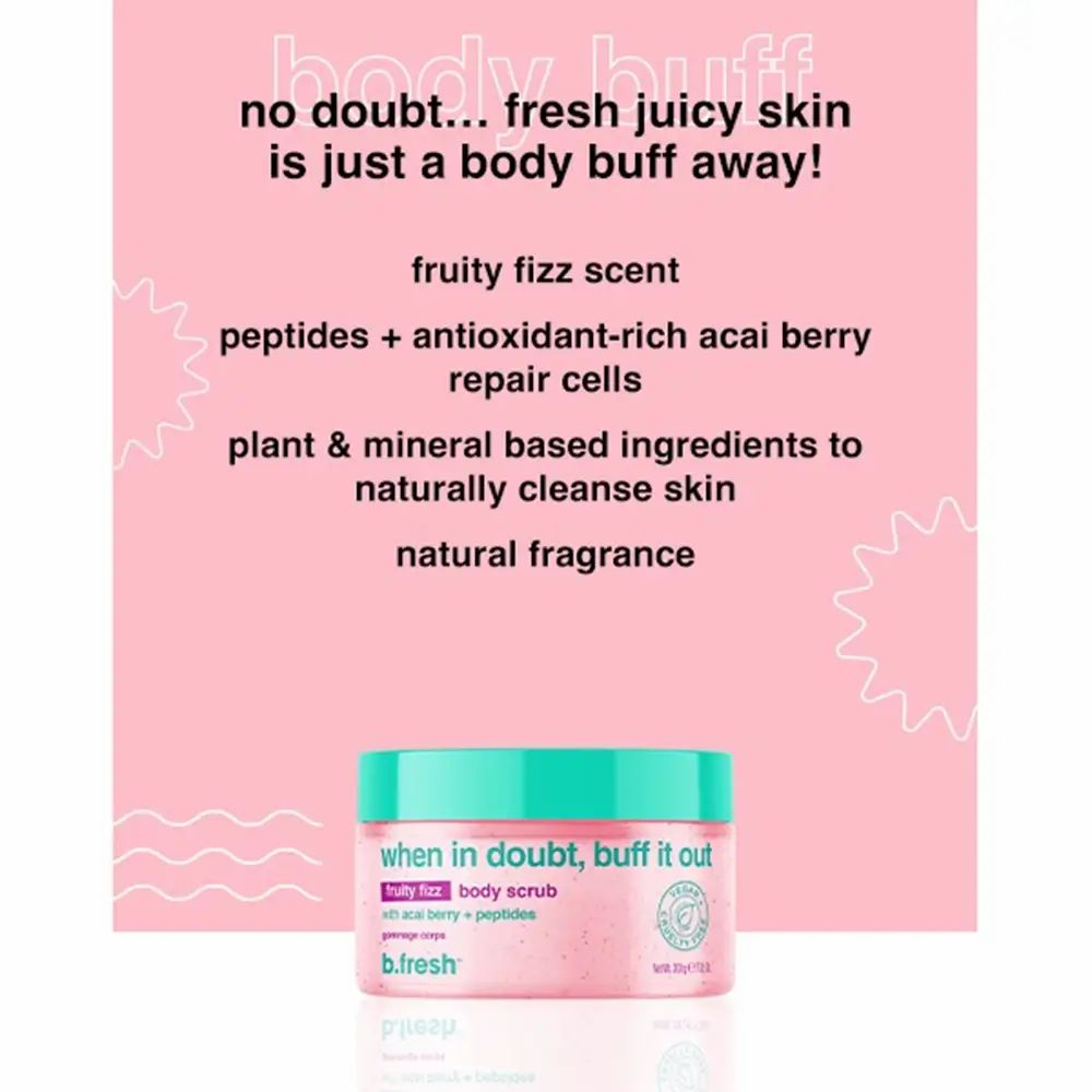 Product met tekst over ingrediënten en voordelen. Onder: roze pot met turquoise deksel, opschrift: "when in doubt, buff it out".