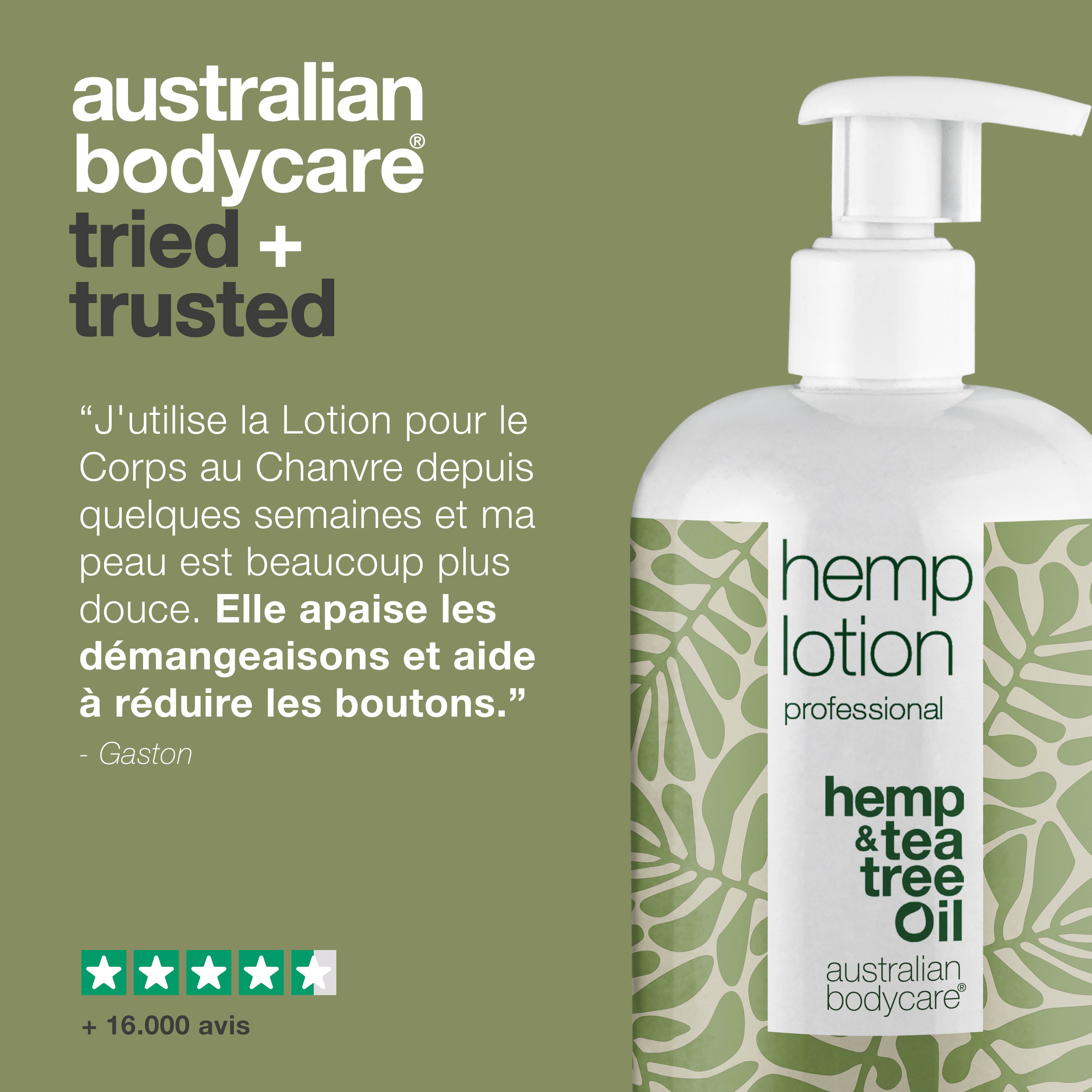 Flacon avec texte : Citation, améliore la peau sèche, pénètre rapidement, hydratation intense, aide contre les imperfections.
