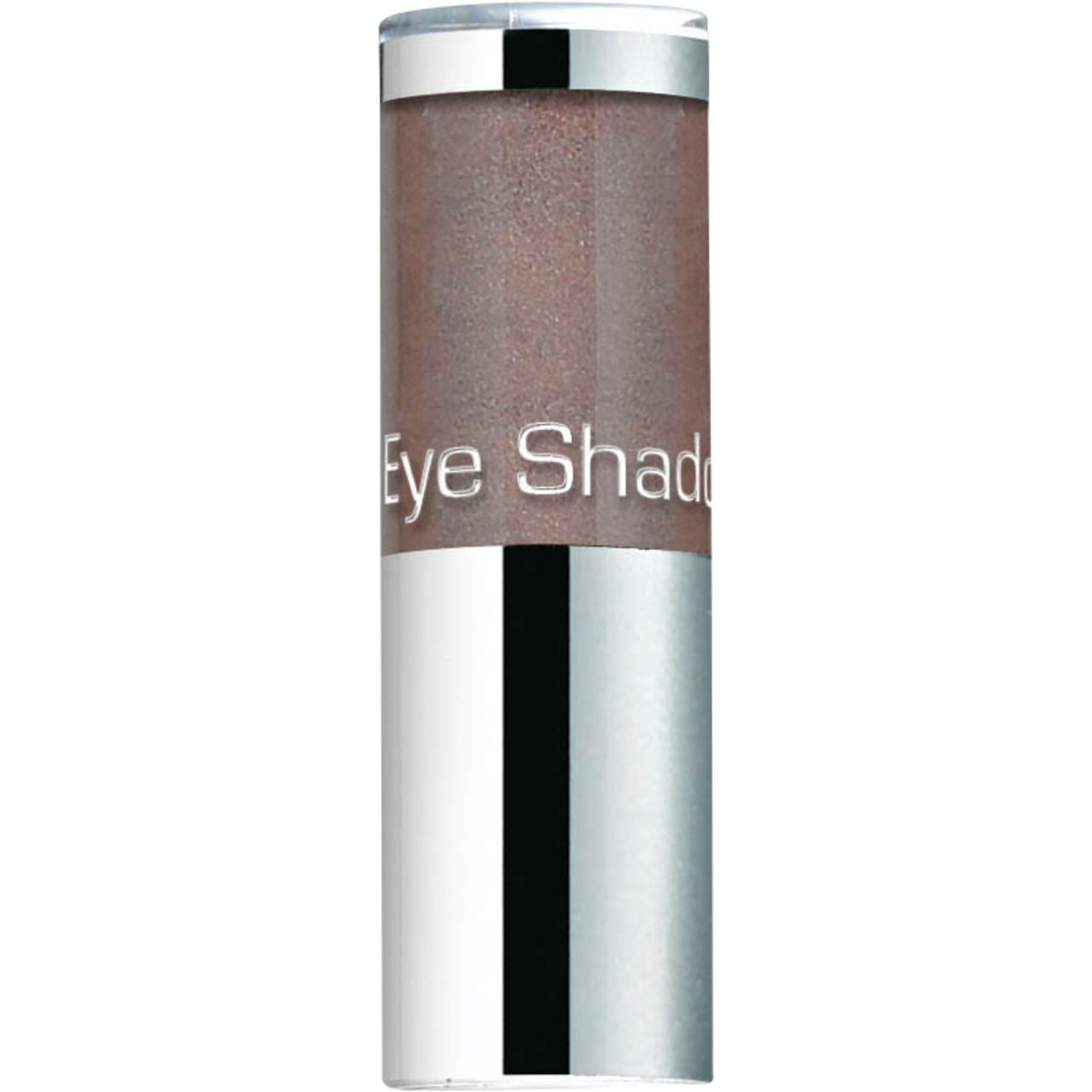 Cilindrische houder met zilverkleurige dop en bodem. Bovenste deel transparant met bruine oogschaduw. Opschrift 'Eye Shadow'.