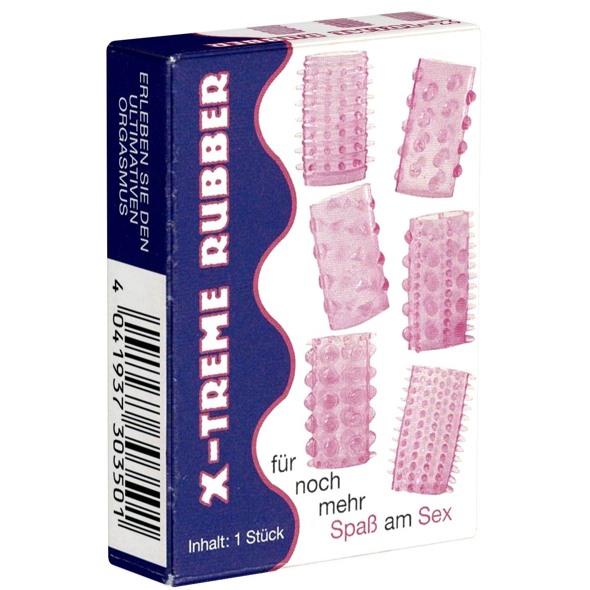 Boîte avec six anneaux en silicone. Inscription: X-TREME RUBBER. Texte: Contenu: 1 pièce. Pour encore plus de plaisir sexuel. Sur le côté: Vivez l'orgasme.