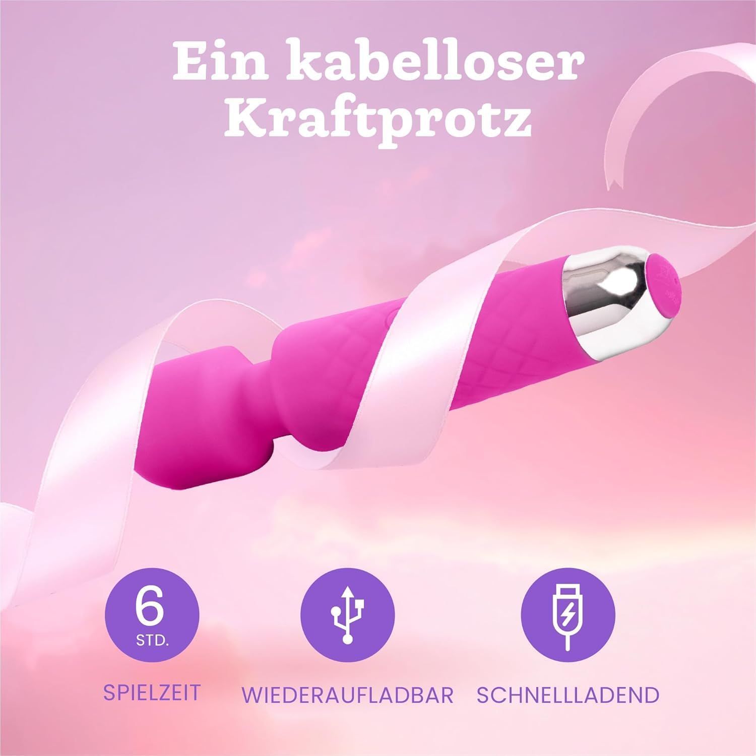 Vibrateur rose sans fil avec accent argenté. 6h d'autonomie, rechargeable, charge rapide.