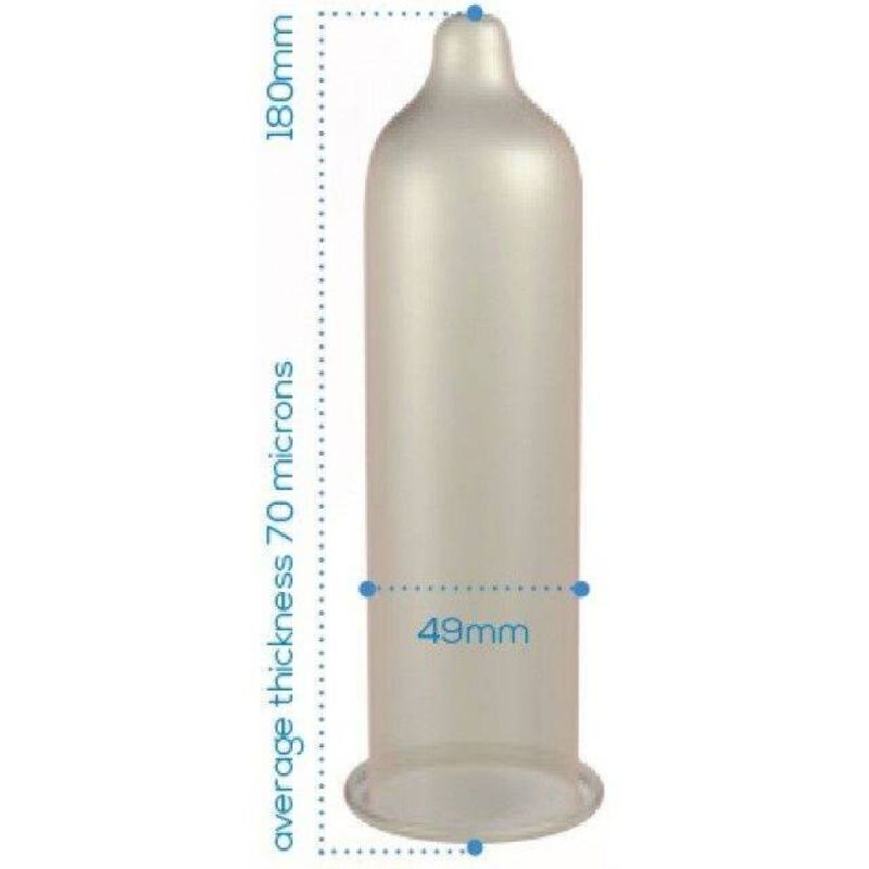 Un préservatif Pasante Trim avec dimensions: 180mm longueur, 49mm largeur, 70 microns épaisseur.