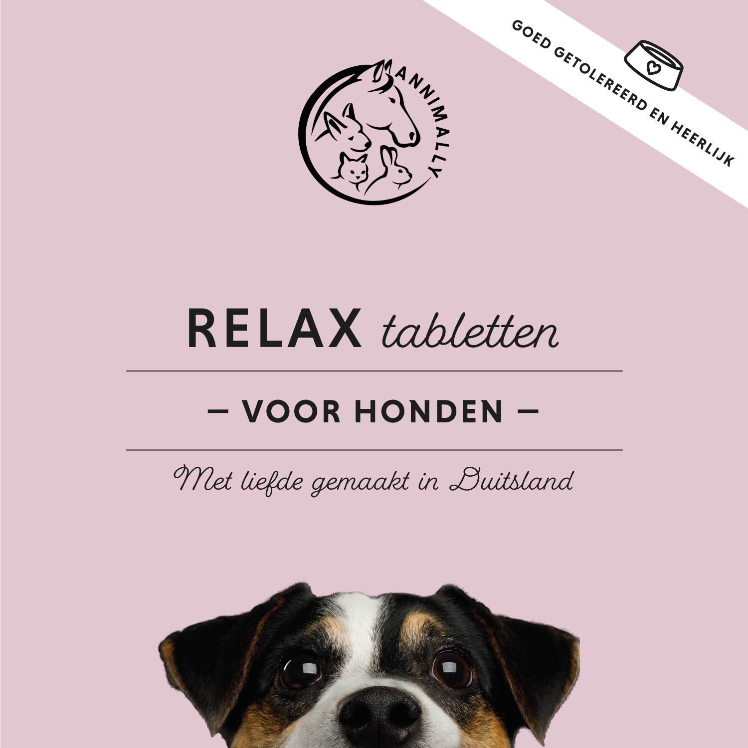 Witte fles met tabletten. Label met tekst. Dierenlogo. Tekst: RELAX Tabletten, 120 stuks.