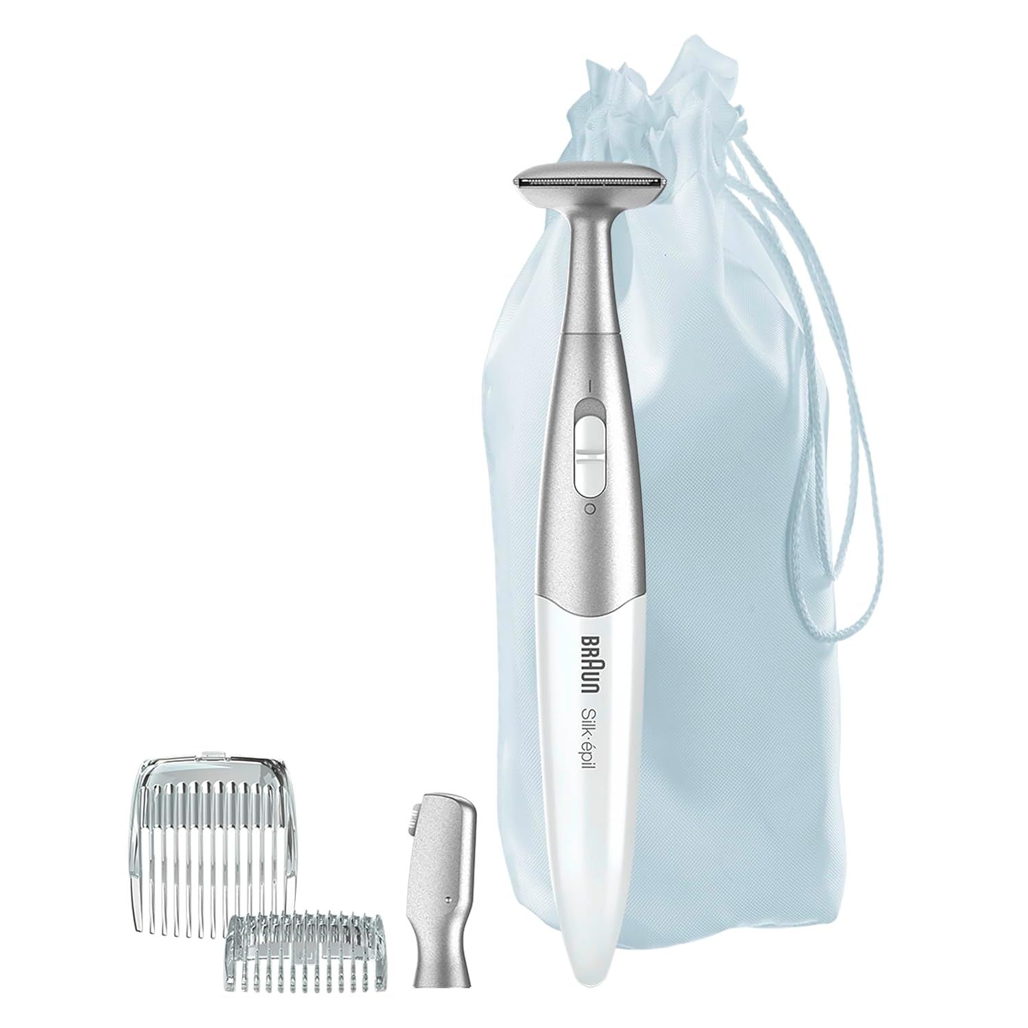 Épilateur électrique avec accessoires et pochette. Argent et blanc.