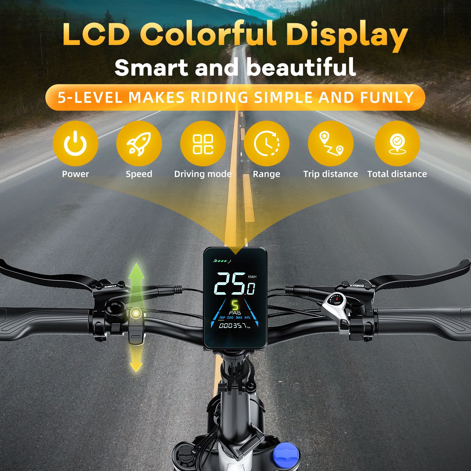 Guidon de vélo avec écran LCD. Affiche vitesse, mode de conduite, autonomie, distance parcourue et distance totale. Icônes.