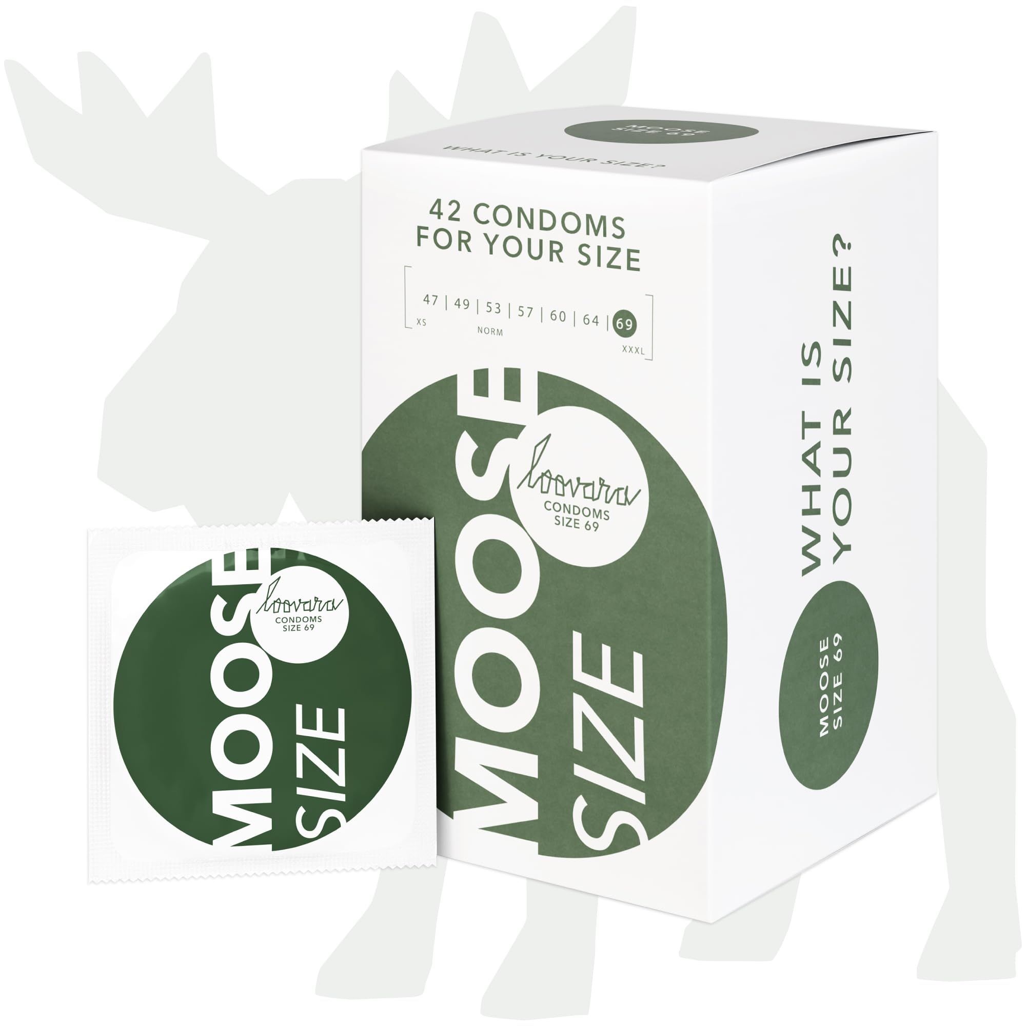 Préservatif Loovara Moose XXXL, taille 69. Boîte de 42 et emballage individuel.