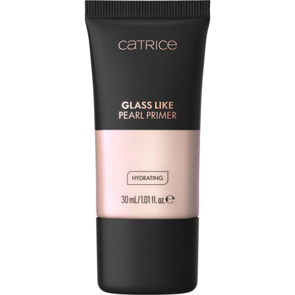 Catrice Glass Like Pearl Primer in tube. Zwarte tube met productnaam en informatie. Hydrating label.