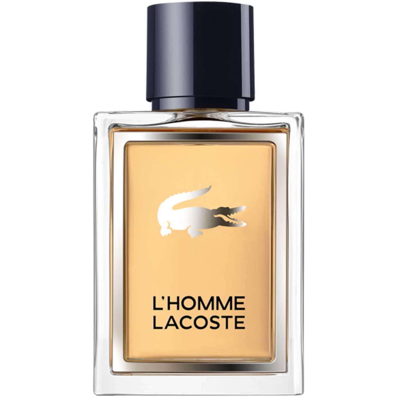 Flacon de Lacoste L'Homme Eau de Toilette. Forme rectangulaire, liquide ambré. Bouchon noir. Logo crocodile argenté.