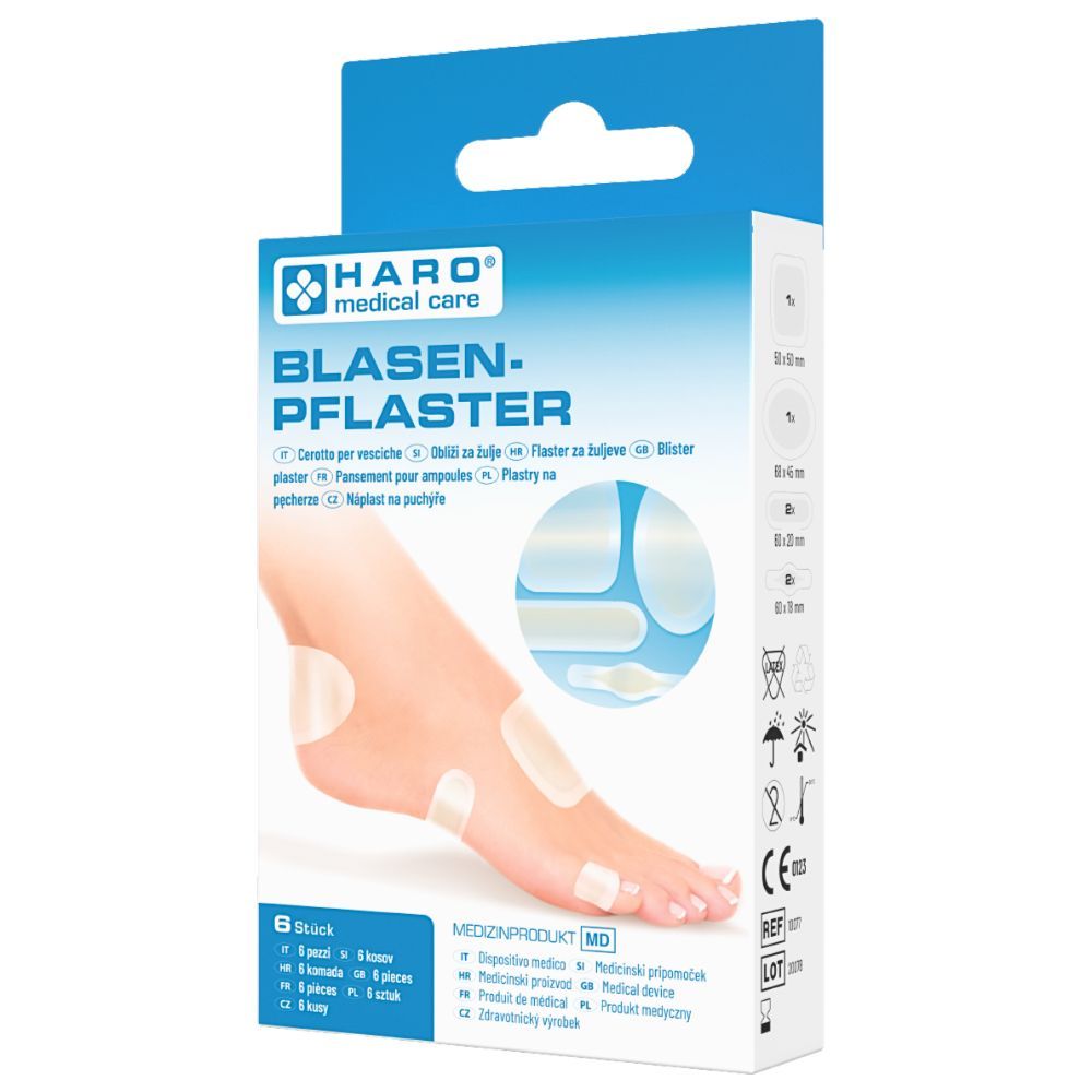 Verpakking met blarenpleisters. Opschrift: HARO, Blasenpflaster, 6 stuks. Voet met pleisters. Medisch hulpmiddel. CE-markering.