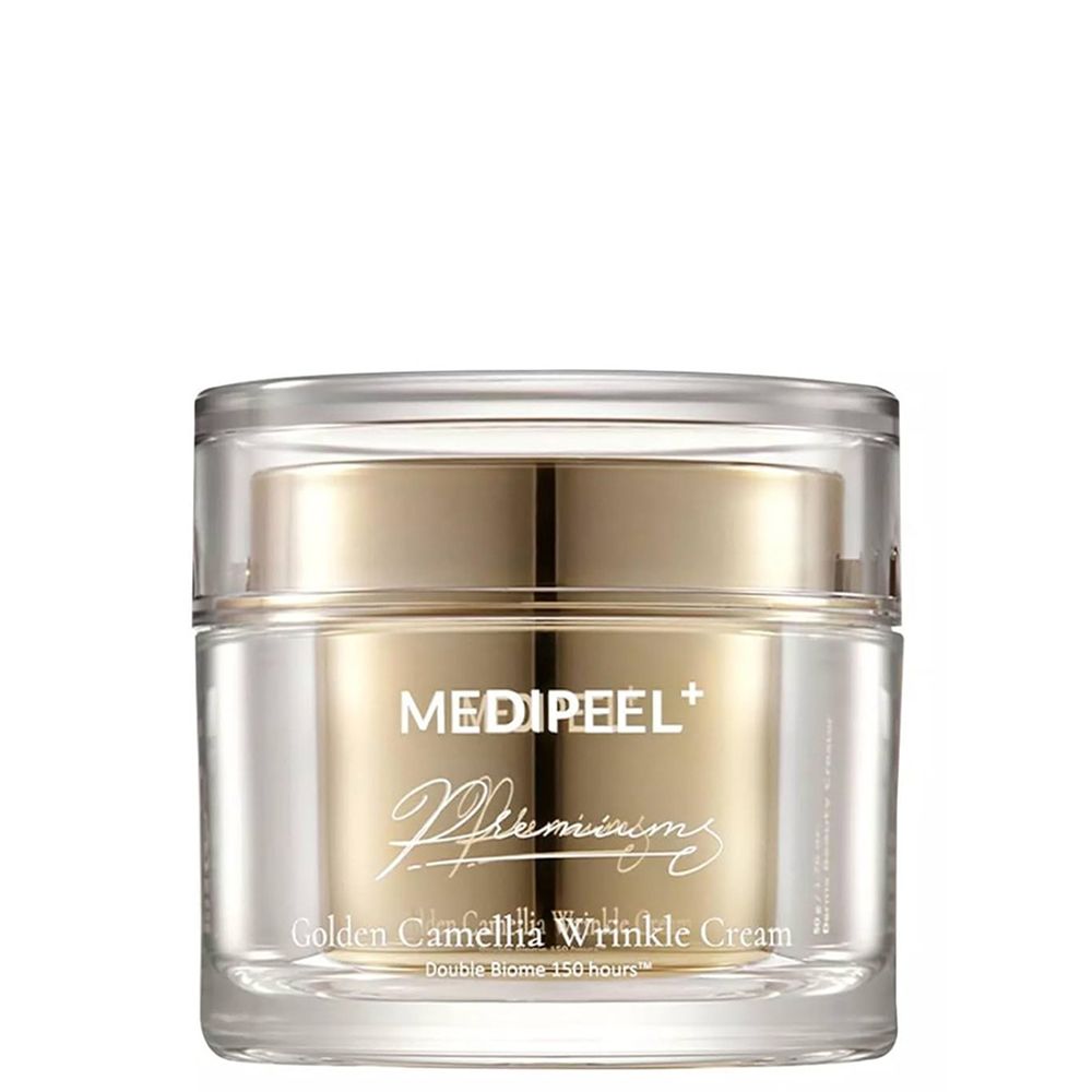 Medi-Peel Premium Golden Camellia rimpelcrème in een transparante glazen pot met gouden deksel.