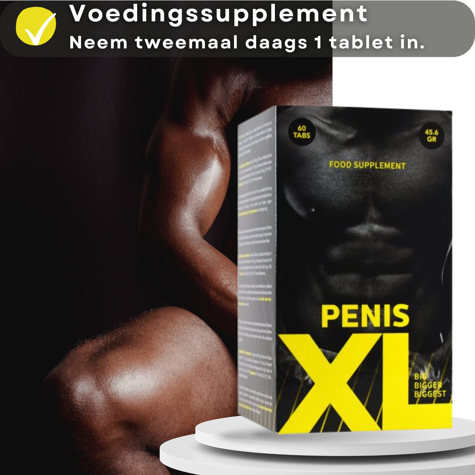 Doos met opschrift PENIS XL. Ingrediënten: L-Arginine, Tribulus, Muira Puama. Tekst in het Duits, Engels en Portugees.