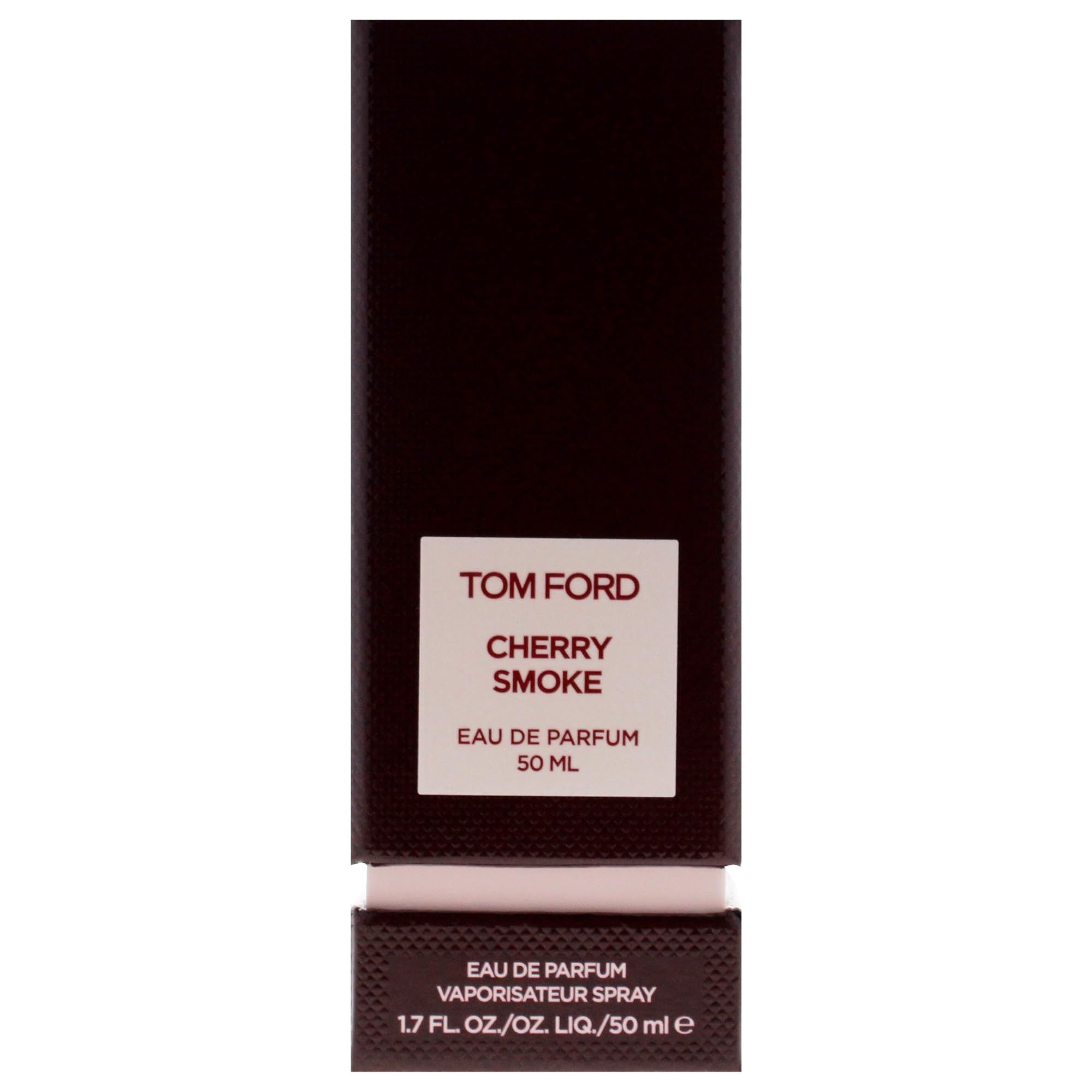 Tom Ford Cherry Smoke Eau de Parfum verpakking. Zwarte verpakking met wit etiket. Opschrift: Cherry Smoke, 50 ml.