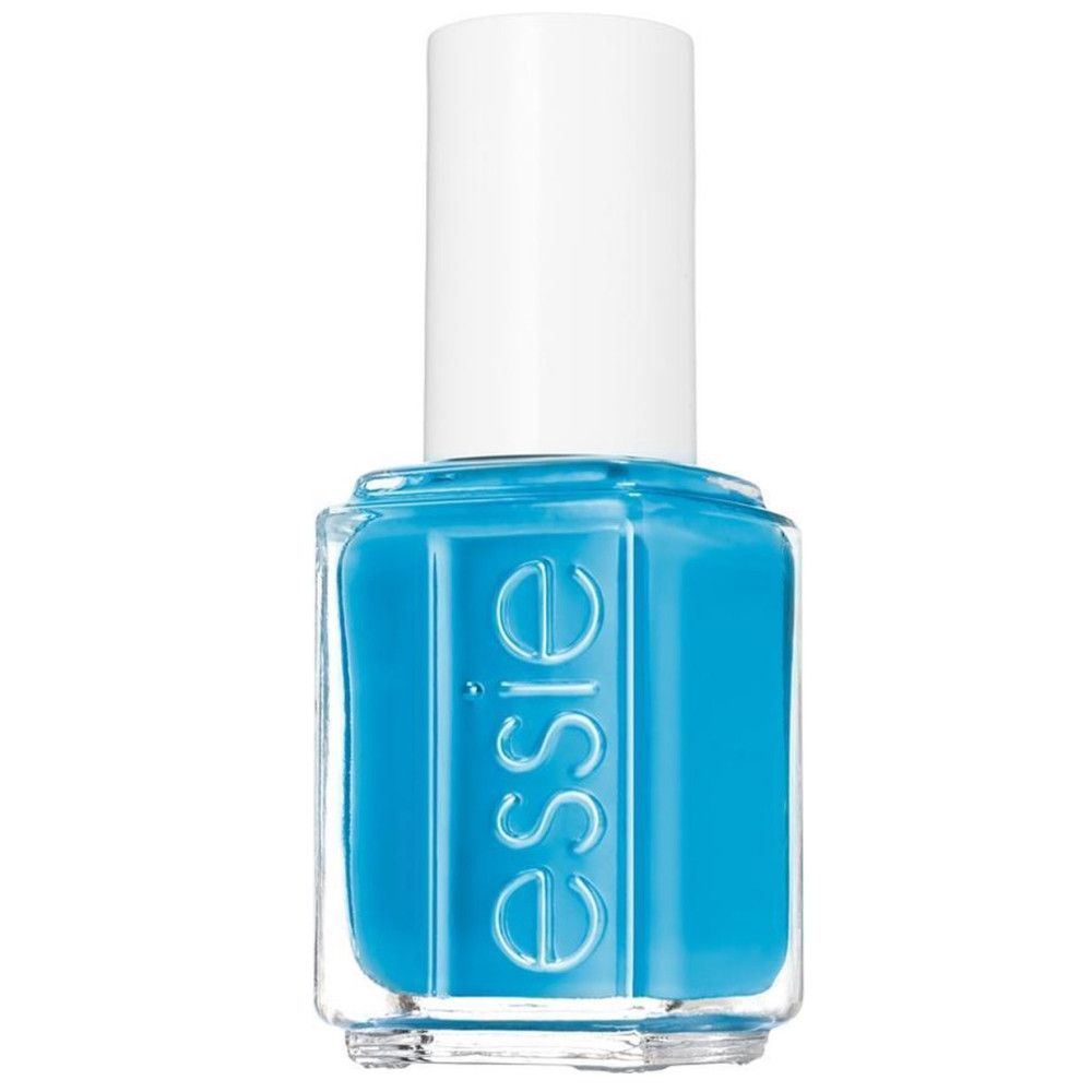 Turquoise Essie nagellak in een transparante fles met witte dop.