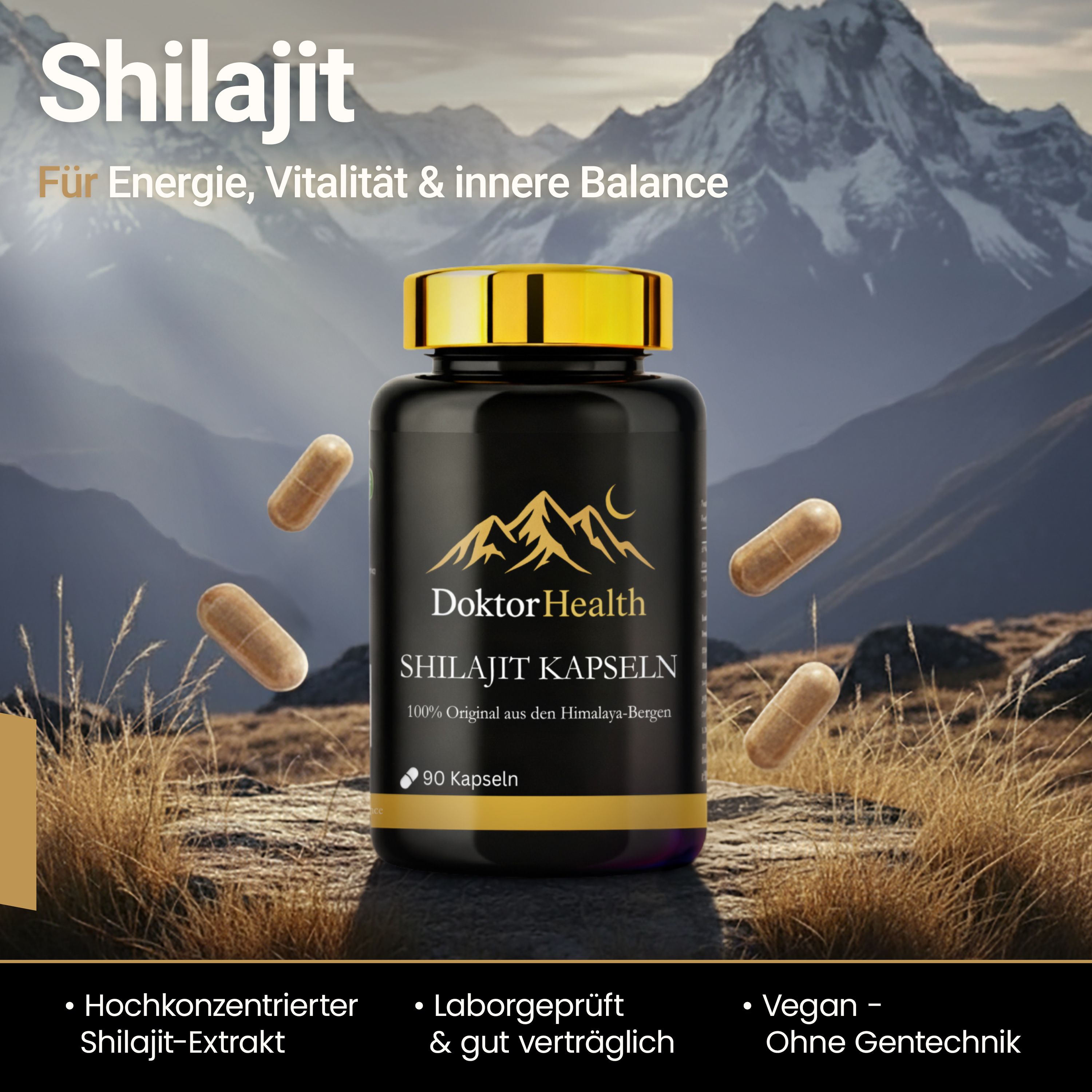 Flacon noir avec couvercle doré et étiquette. Contient des gélules de Shilajit. Montagnes en arrière-plan. Texte : Énergie, vitalité et équilibre intérieur.
