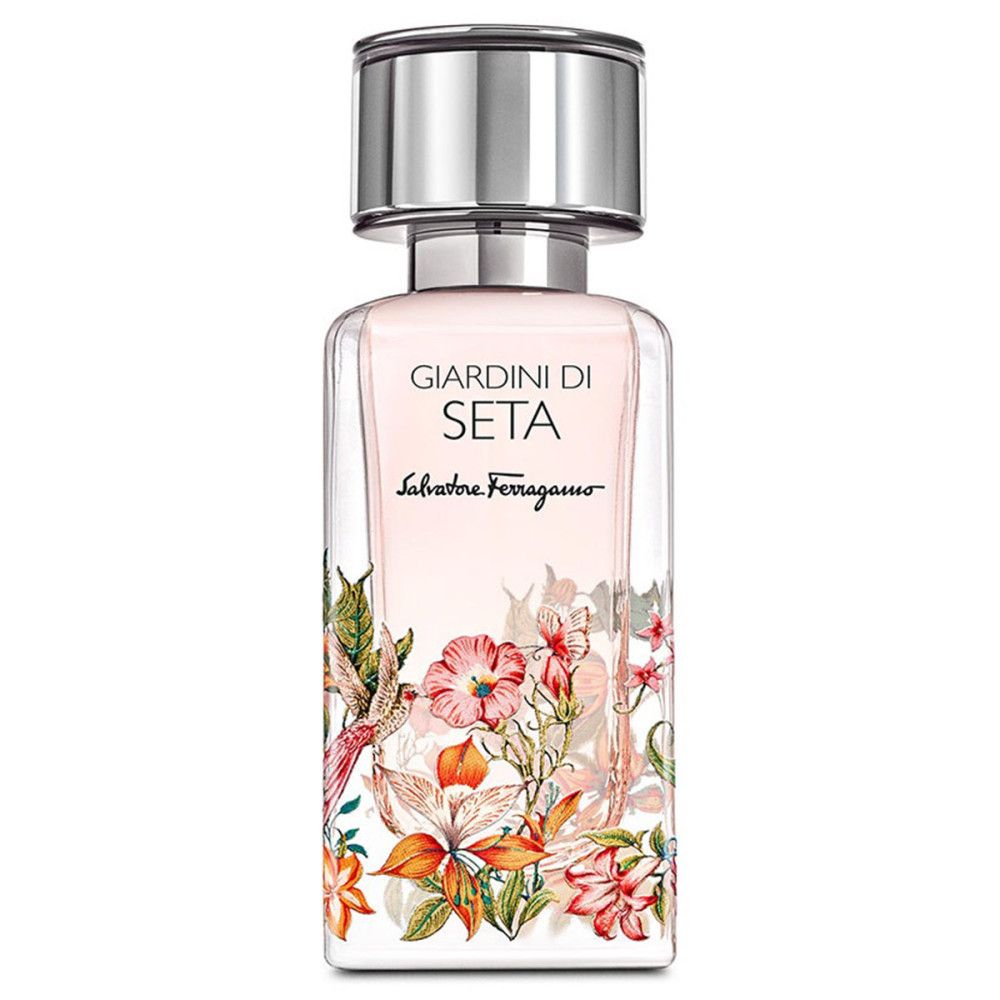 Flacon de parfum Giardini Di Seta, Salvatore Ferragamo. Décor floral. Flacon transparent, bouchon argenté.