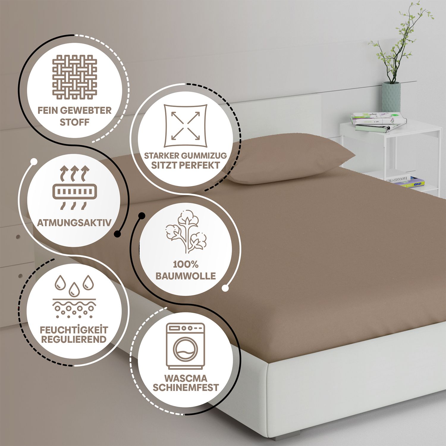 Bruin hoeslaken op bed. Symbolen: fijn geweven stof, sterke elastiek, ademend, 100% katoen, vochtregulerend, machinewasbaar.