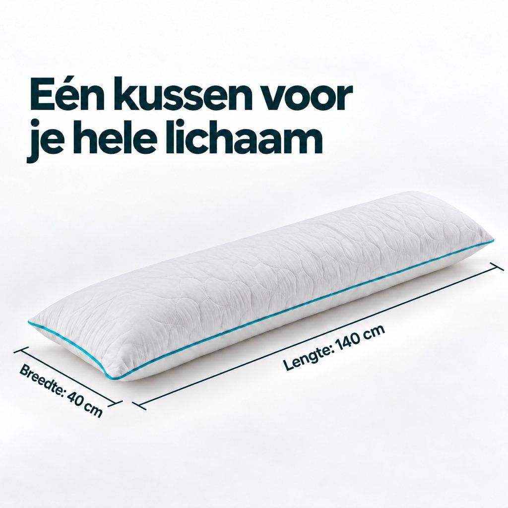 Een 140 cm lang wit kussen met blauwe accenten. Breedte 40 cm.