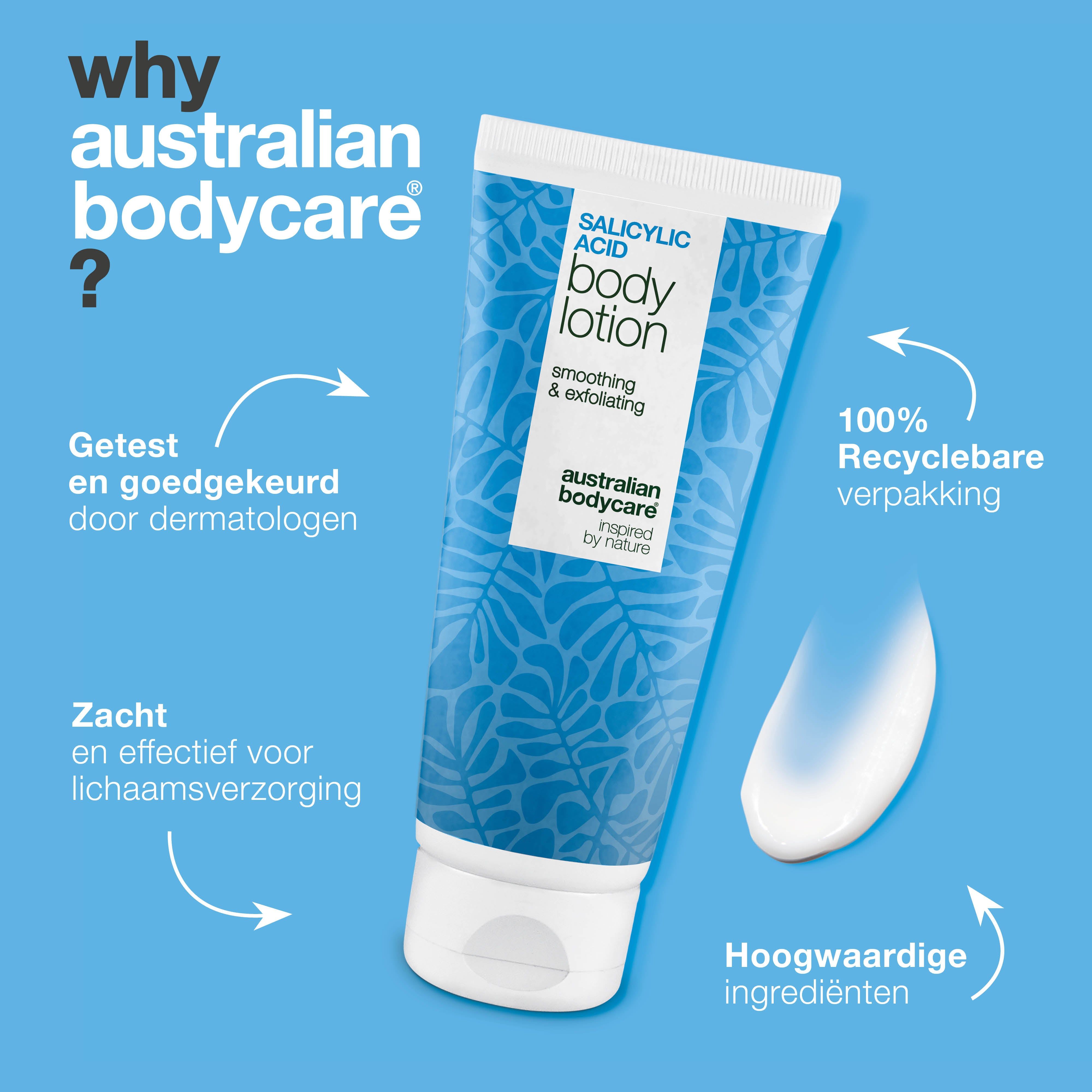 Salicylzuur Body Lotion. Tekst: Australian Bodycare. Dermatologisch getest, 100% recyclebare verpakking, hoogwaardige ingrediënten.