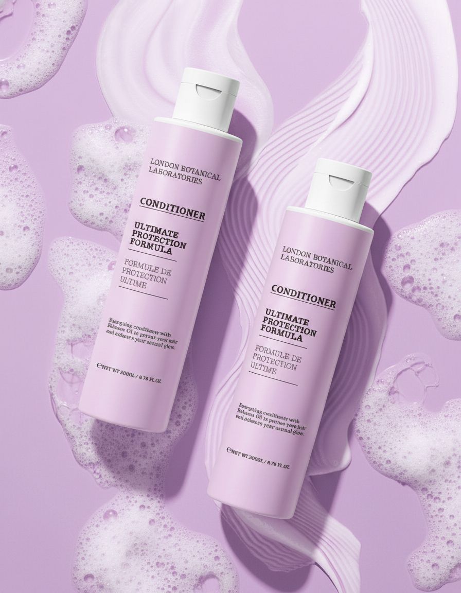 Deux bouteilles London Botanical Laboratories Conditionneur Formule Protection Ultime sur fond violet avec mousse.