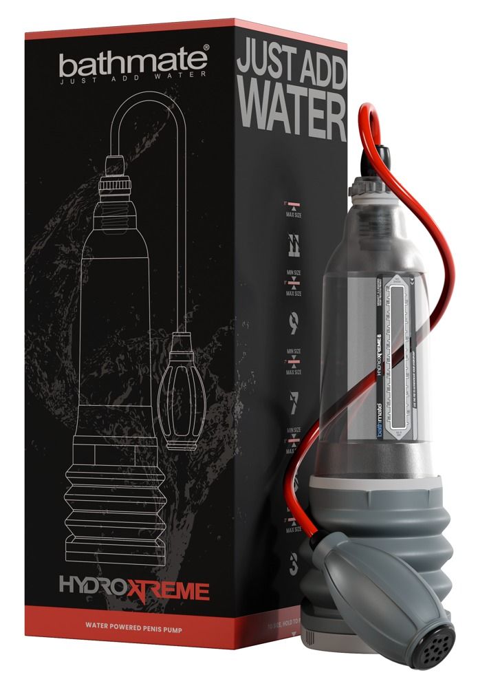Pompe à pénis Bathmate HydroXtreme avec tube rouge et poignée grise. Cylindre transparent avec échelle.