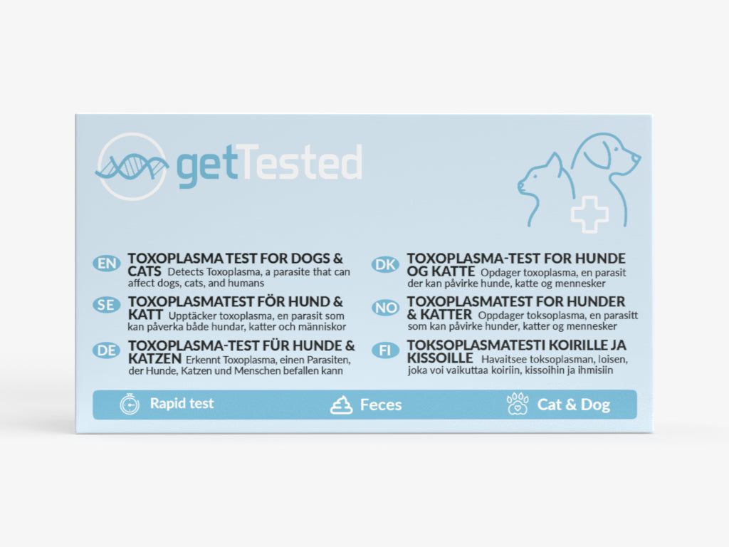 Emballage bleu clair avec textes en plusieurs langues. Logo: getTested. Illustration: chien et chat. Texte: Test Toxoplasma pour chiens et chats.