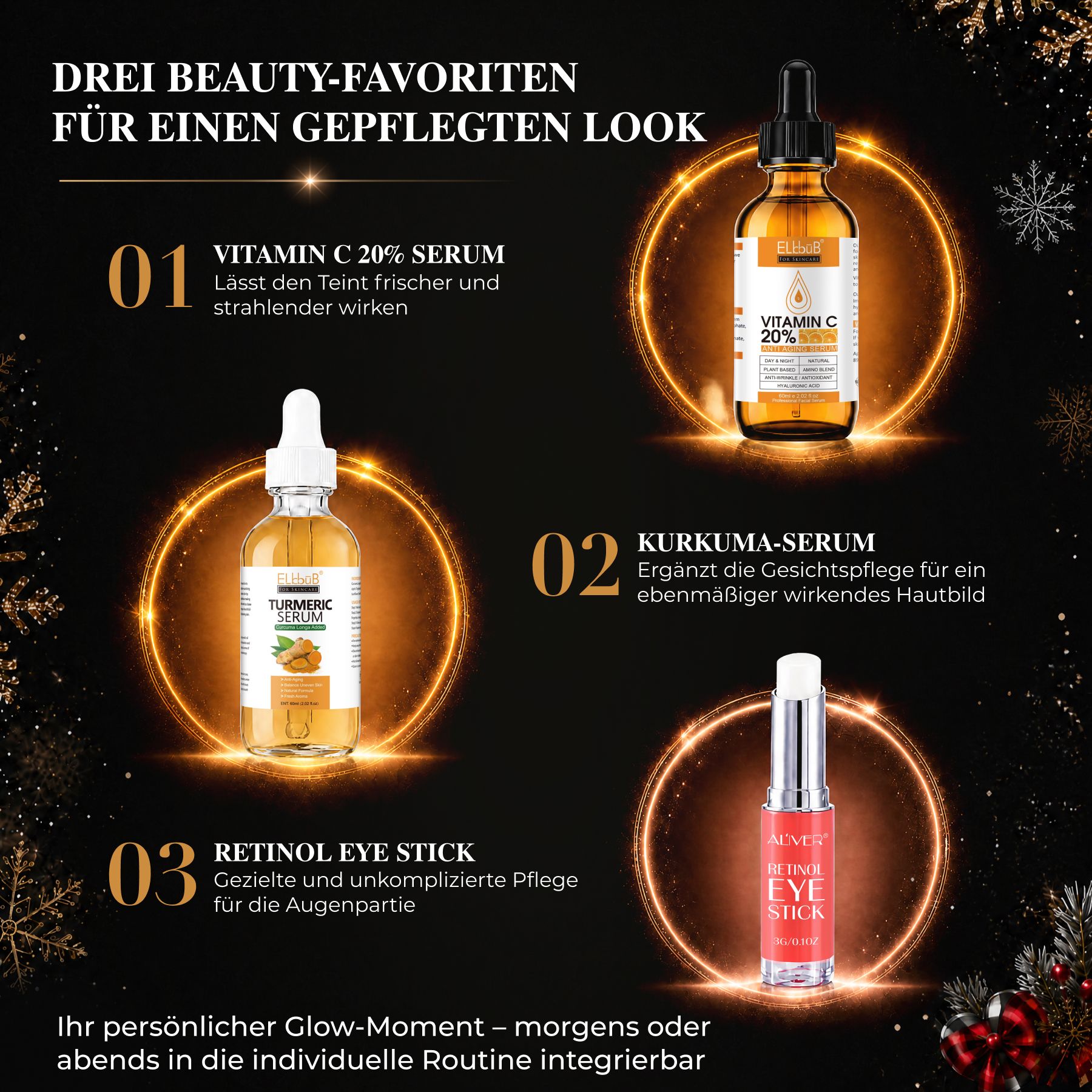 Trois favoris de soins de la peau : Sérum Vitamine C, Sérum Curcuma et Bâtonnet Yeux Rétinol.