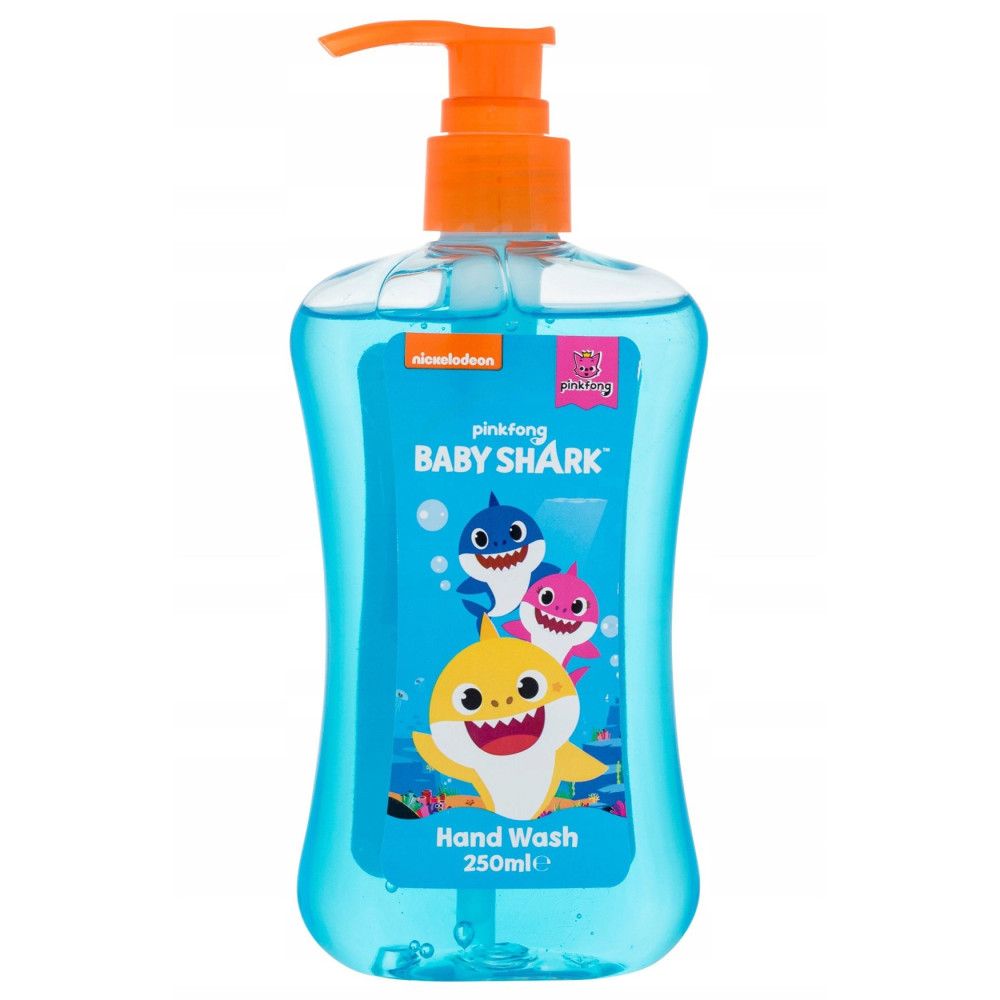 Turkooisblauwe handzeep met Baby Shark-motief. Oranje dispenser. Opschrift: Baby Shark, Hand Wash, 250ml.